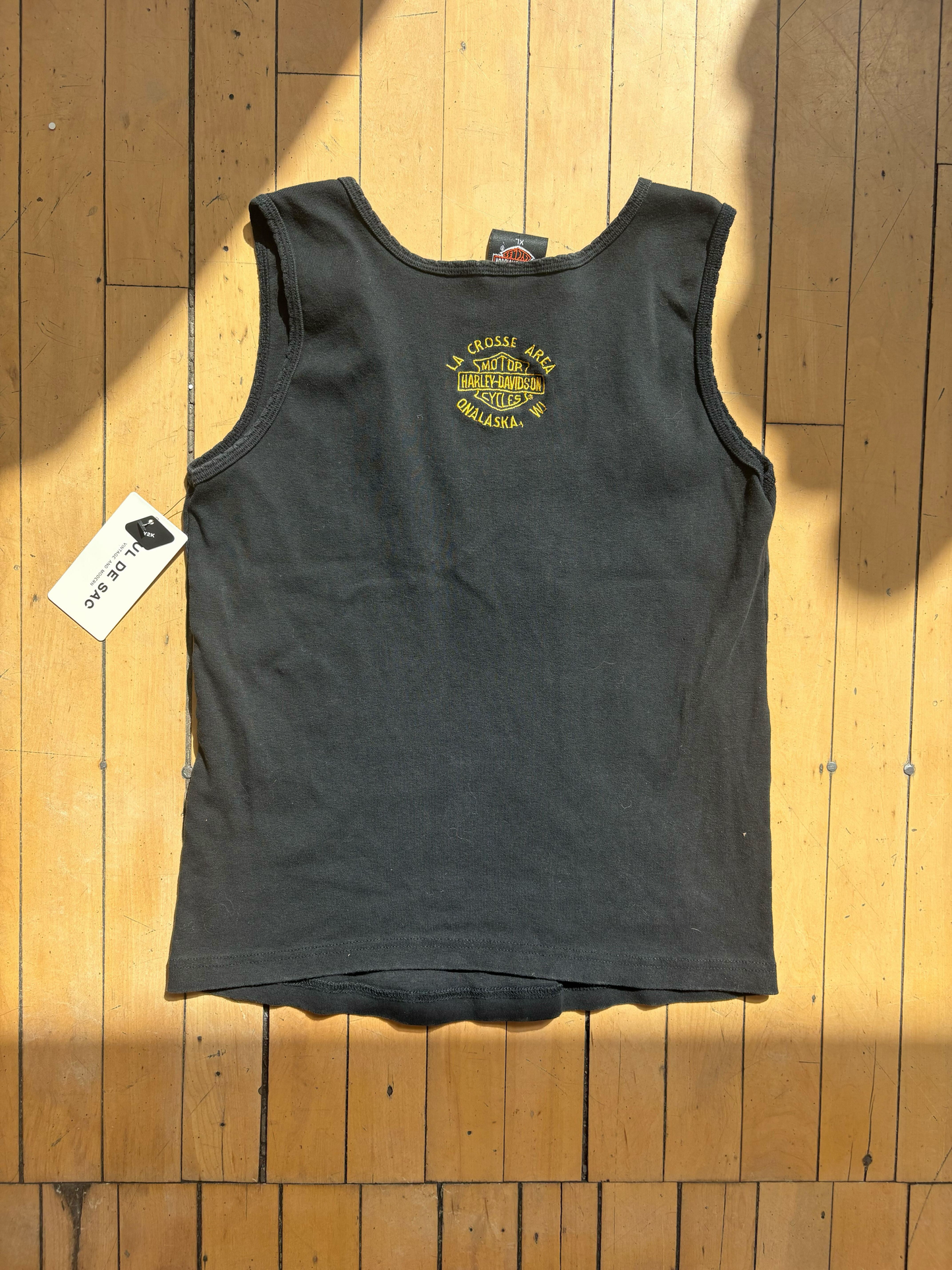 Y2K VINTAGE BLACK WITH YELLOW EMBROIDERY TANK (XL)