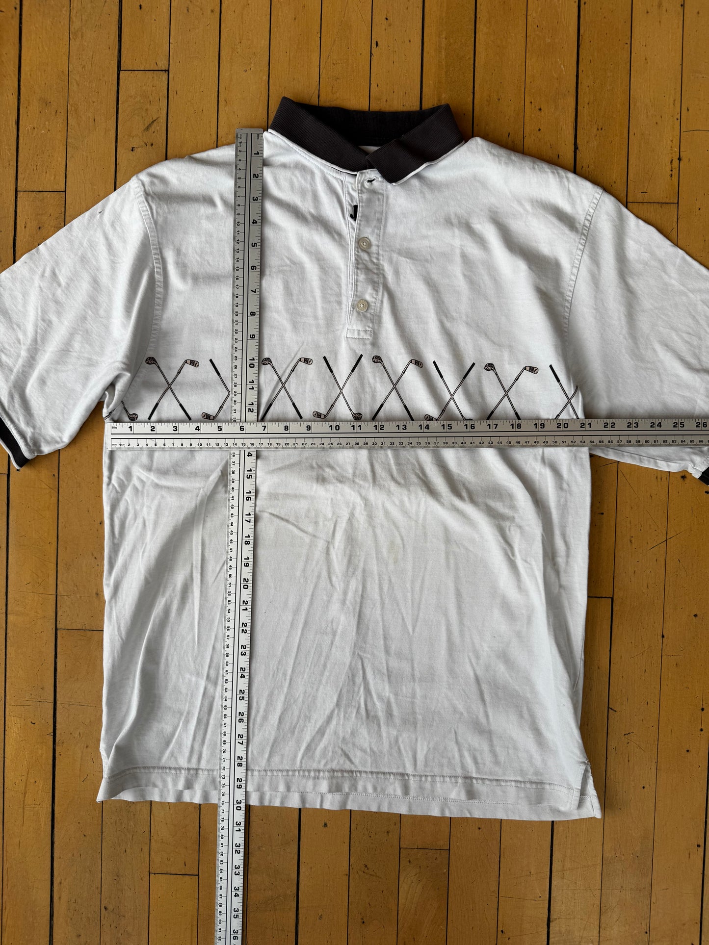 VINTAGE GOLF CLUBS ALL AROUND PRINT POLO (L)