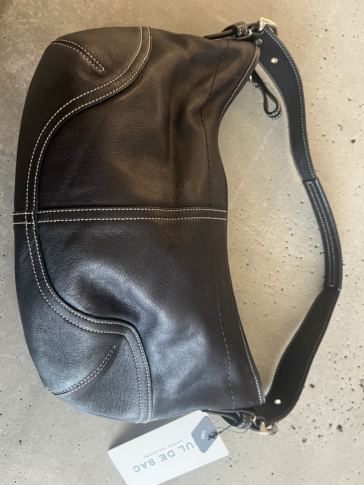 Y2K VINTAGE CONTRAST STITCH BLACK LEATHER SHOULDER BAG