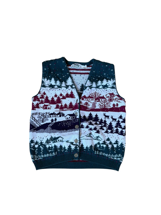 VINTAGE AOP WINTER VILLAGE SCENE KNIT VEST (L)