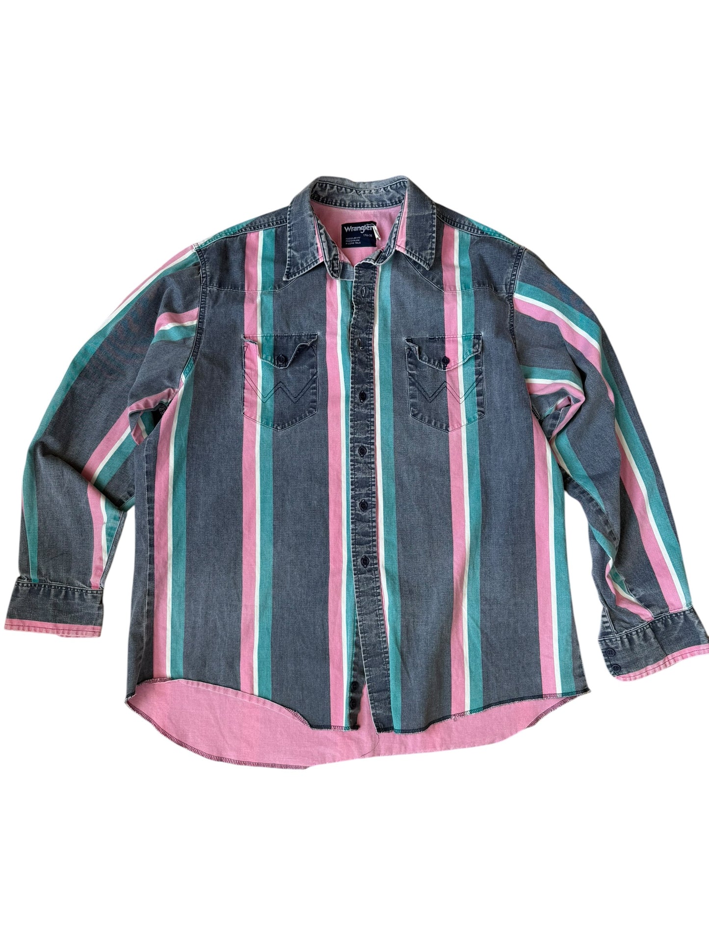 VINTAGE WRANGLER BRUSHPOPPER RODEO SHIRT PINK/TEAL (17.5-36)