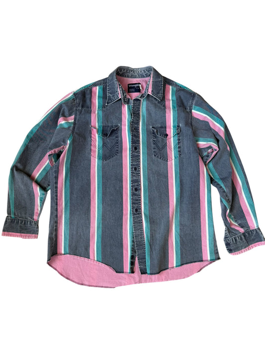 VINTAGE WRANGLER BRUSHPOPPER RODEO SHIRT PINK/TEAL (17.5-36)