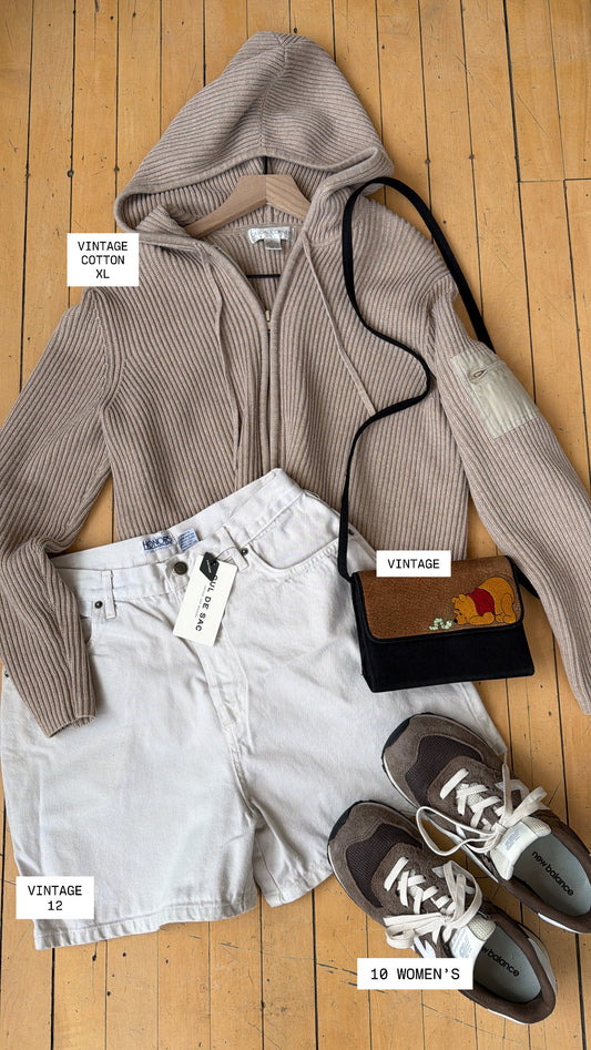 Y2K VINTAGE 100% COTTON KNIT ZIP UP HOODIE TAN (XL)