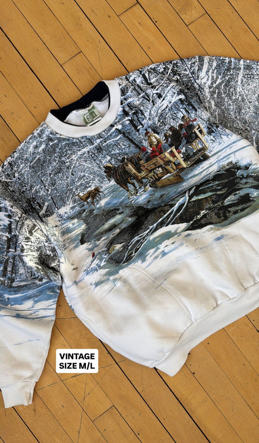 VINTAGE AOP WINTER SLEIGH RIDE CREW (M/L)