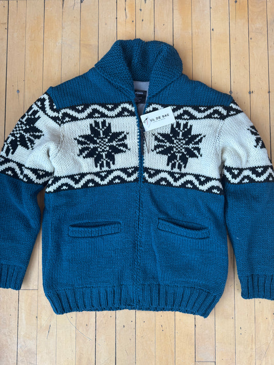 SUNDANCE HAND KNIT WOOL FLEECE LINED COWICHAN ZIP CARDIGAN (S/M)