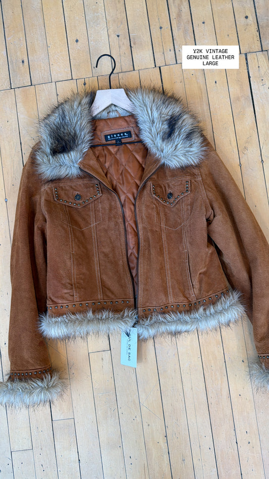 Y2K VINTAGE GENUINE LEATHER FUR JACKET (L)