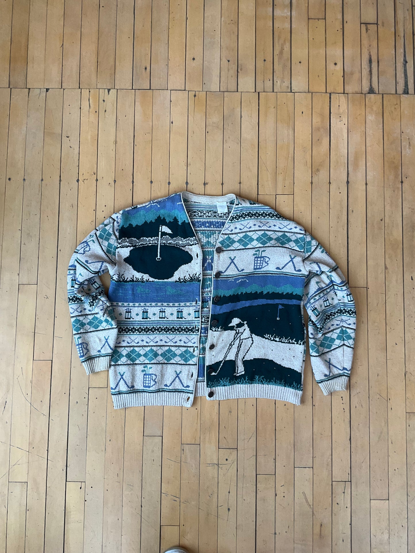 VINTAGE AOP GOLF PRINT COTTON BLEND CARDIGAN (XL)