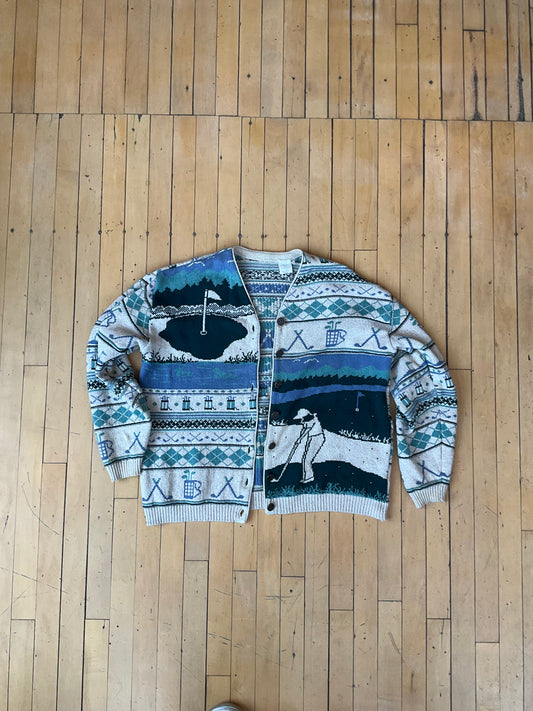 VINTAGE AOP GOLF PRINT COTTON BLEND CARDIGAN (XL)