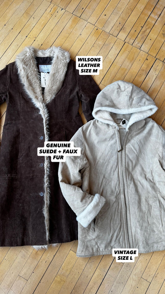 WILSONS LEATHER MAXIMA GENUINE SEUDE FUR COLLAR LONG LINE JACKET (M)