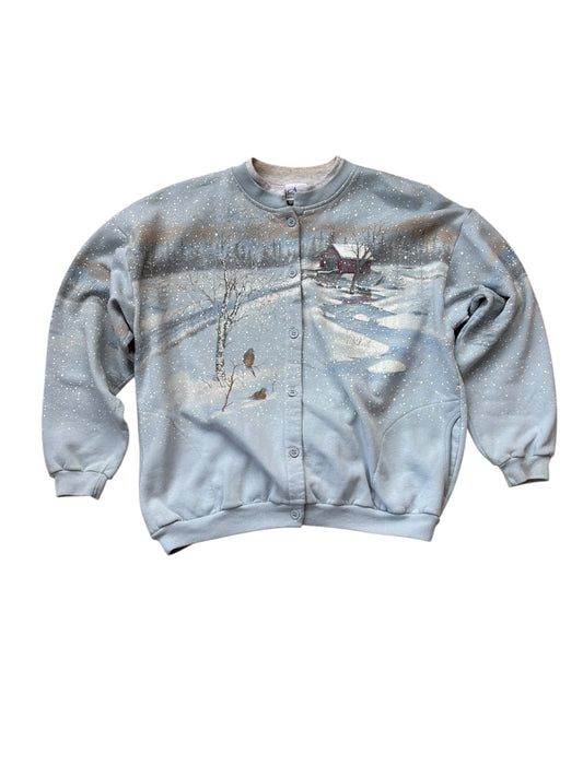 VINTAGE ARTISANS SNOWING WINTER SCENE BUTTON UP (XL)