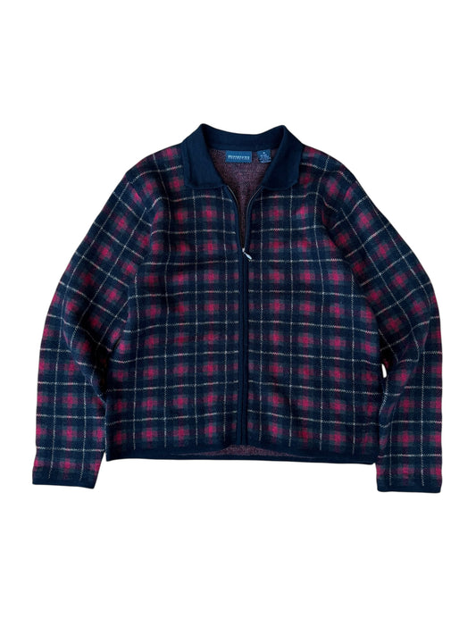VINTAGE PLAID WOOL BLEND ZIP CARDIGAN (M)