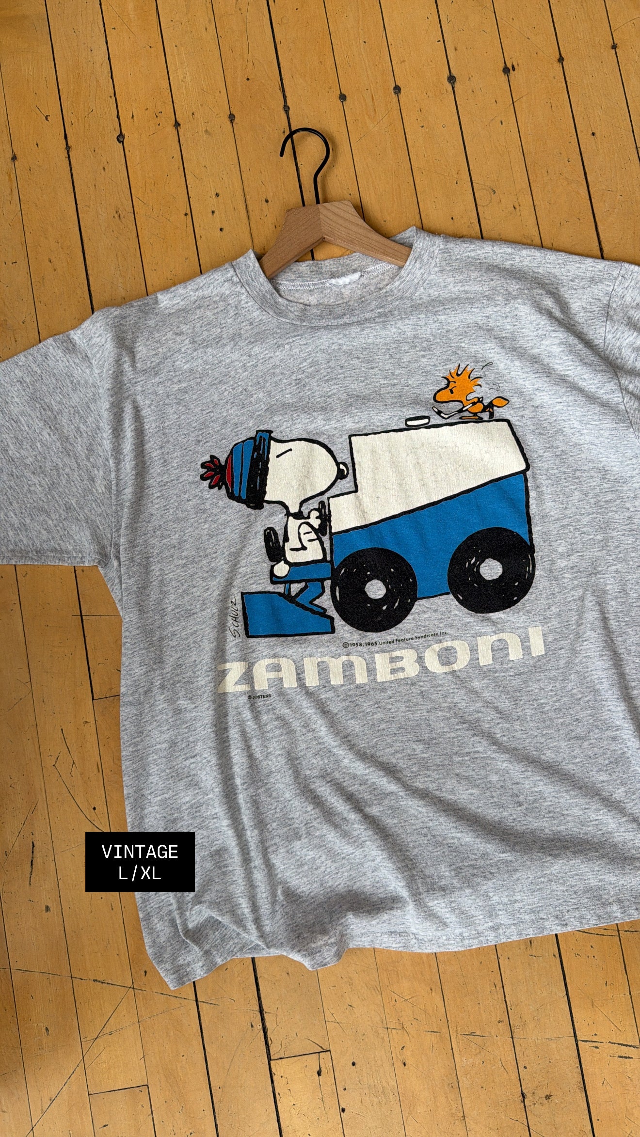 VINTAGE SINGLE STITCH SNOOPY + WOODSTOCK ZAMBONI TEE (L/XL)
