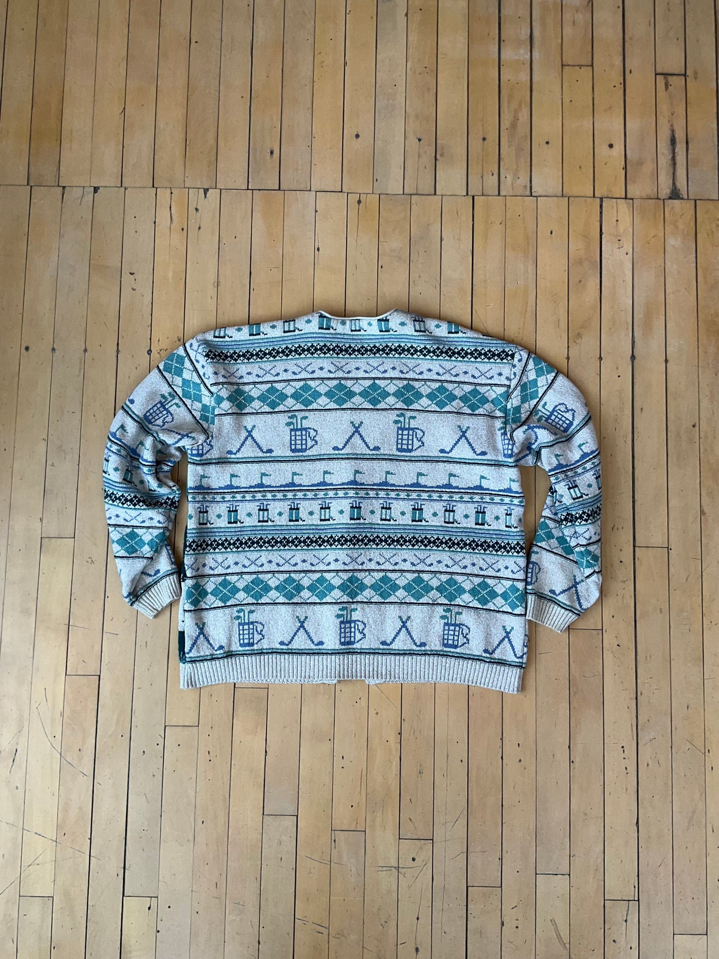 VINTAGE AOP GOLF PRINT COTTON BLEND CARDIGAN (XL)