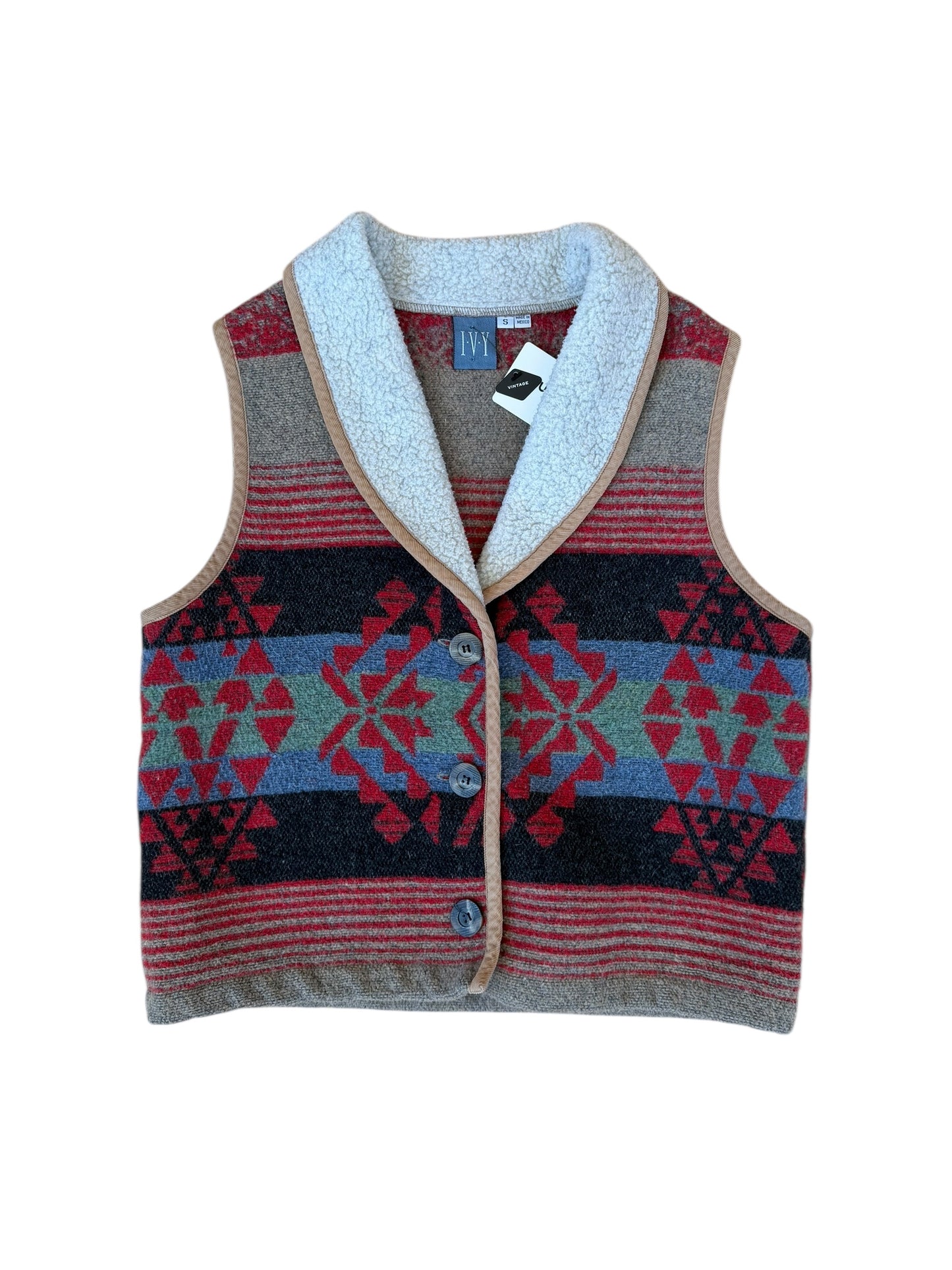 VINTAGE AZTEC WOOL VEST W/ CONTRAST COLLAR (S)