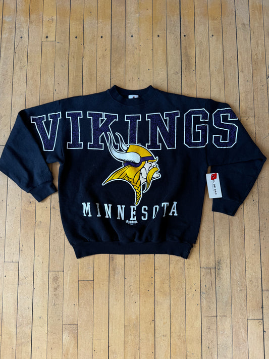 VINTAGE MADE IN USA MN VIKINGS PRINTED SPELLOUT CREW (L)